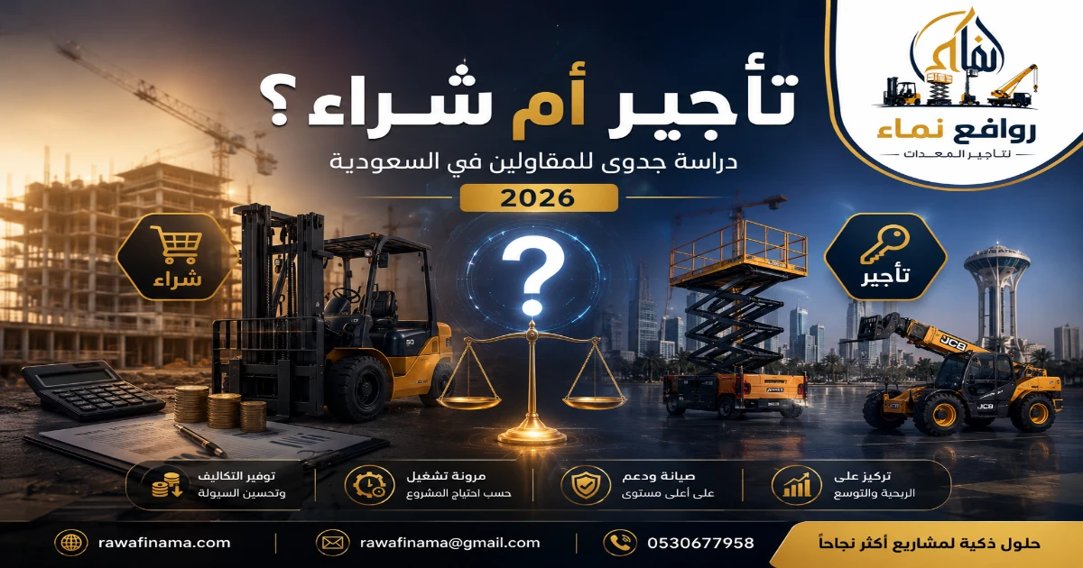 دراسة جدوى: تأجير أم شراء معدات ثقيلة للمقاولين في السعودية 2026 | روافع نماء