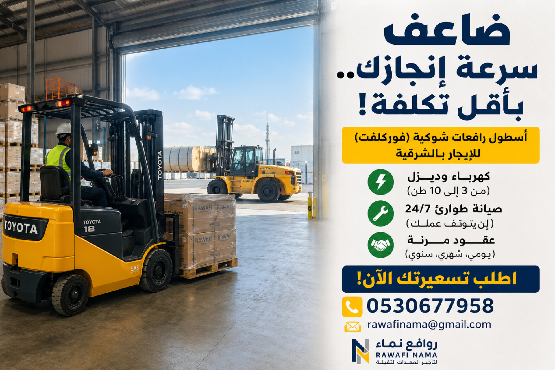 رافعات شوكية للإيجار بالدمام والشرقية 2026 | أسعار إيجار فوركلفت حديثة