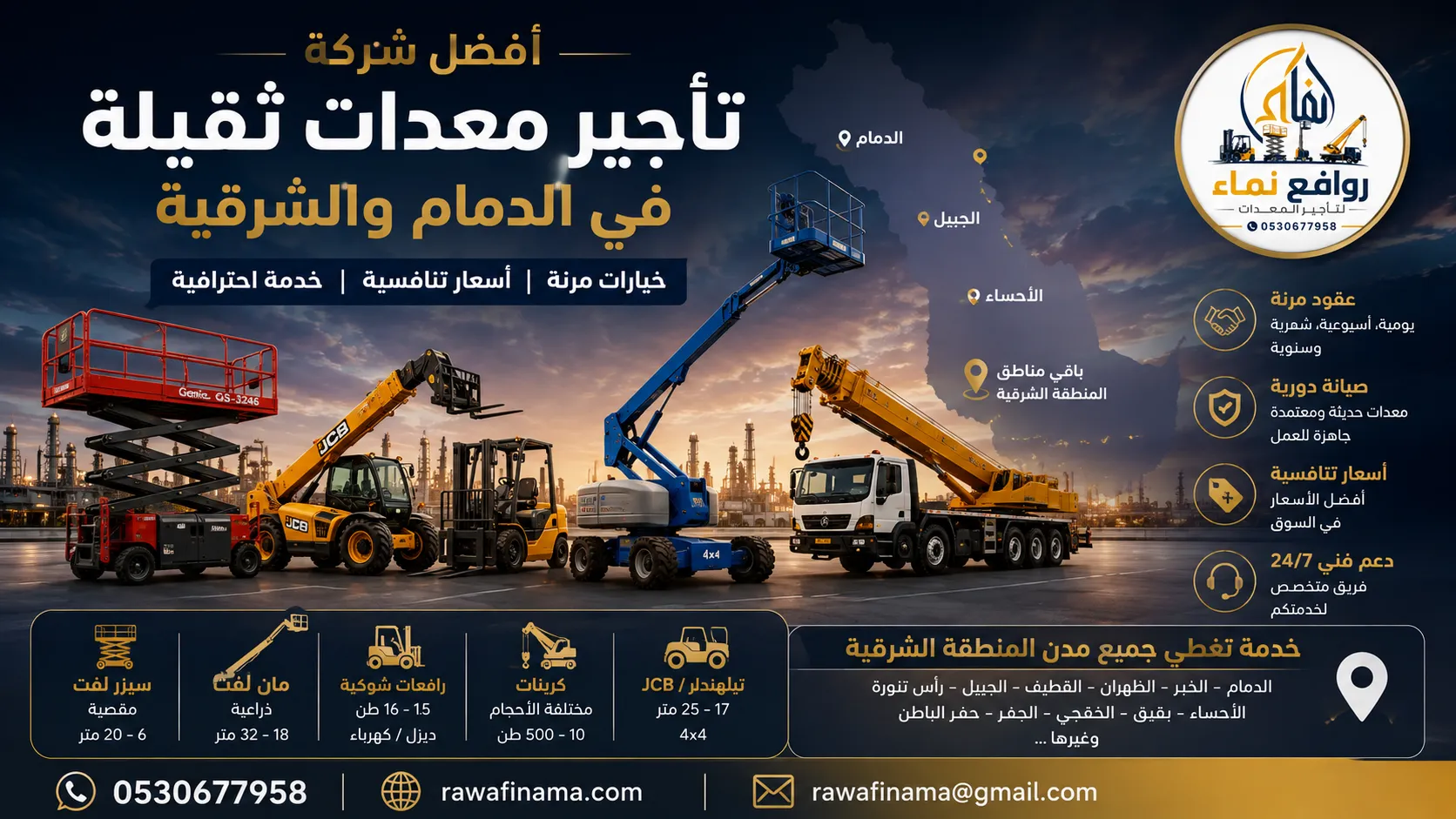 أفضل شركة تأجير معدات ثقيلة في الدمام والشرقية – روافع نماء